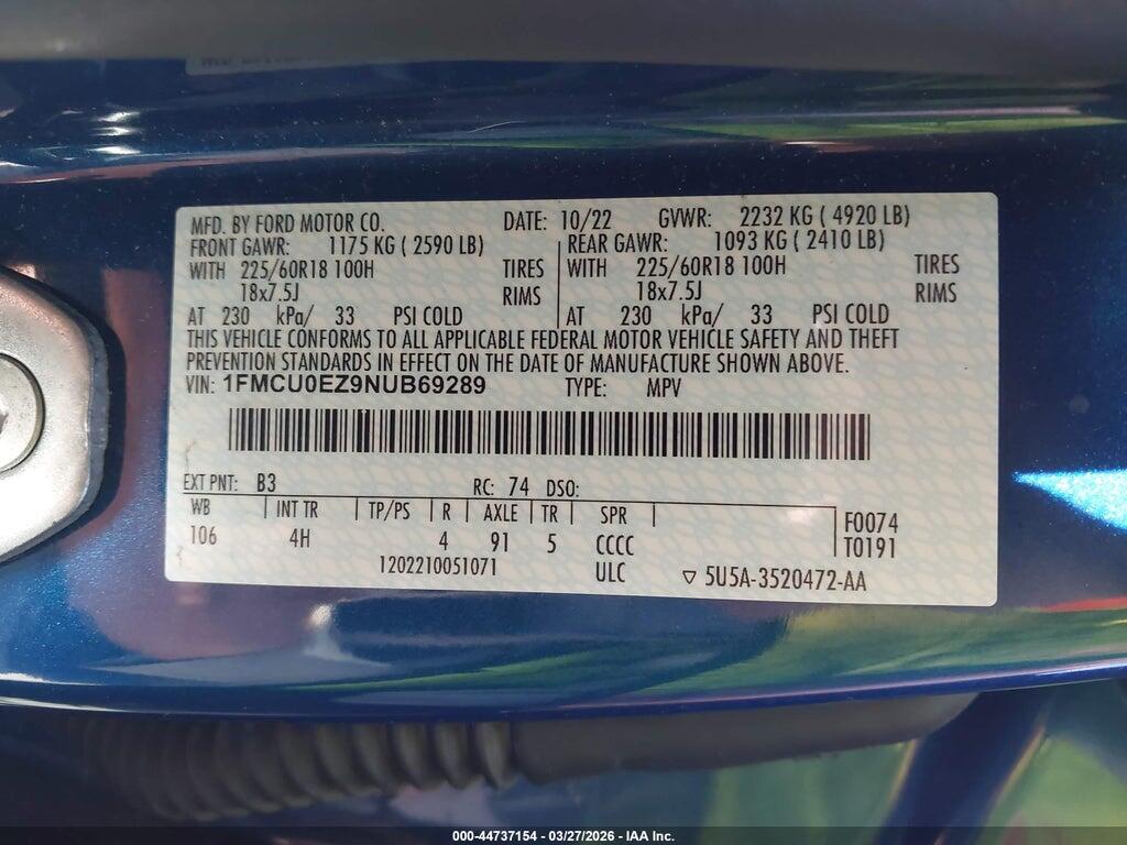 1FMCU0EZ9NUB69289 2022 FORD ESCAPE photo no. 9