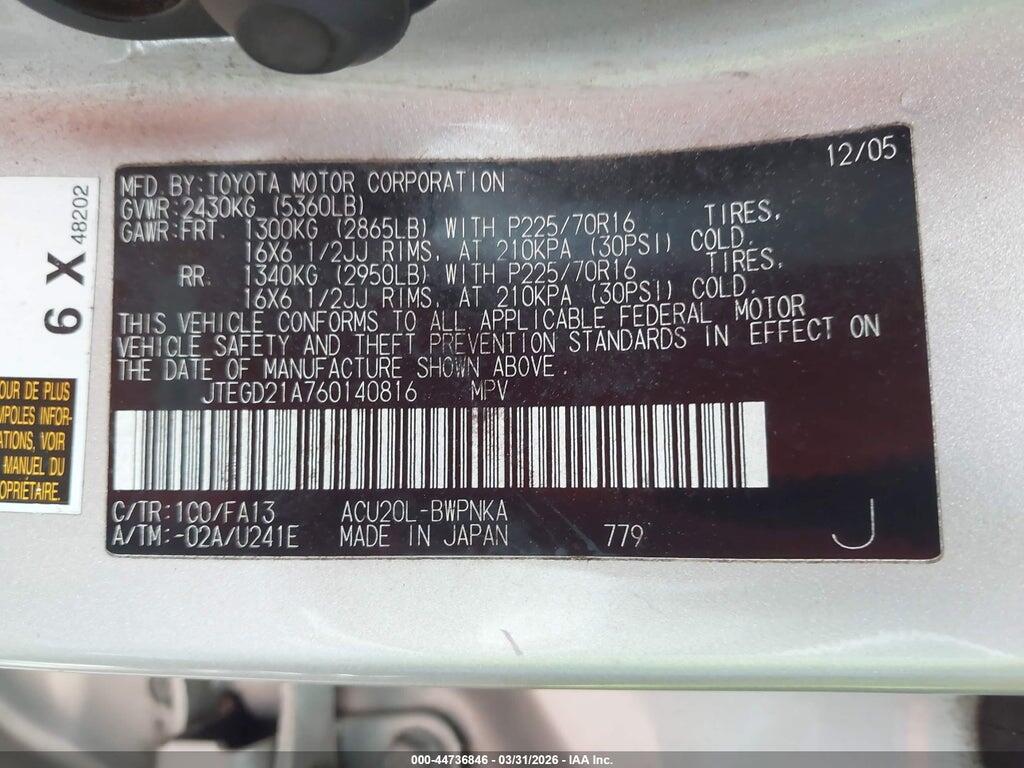 JTEGD21A760140816 2006 TOYOTA HIGHLANDER photo no. 9