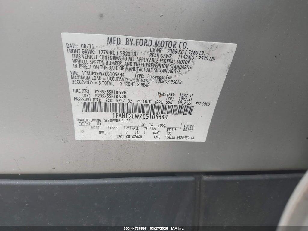 1FAHP2EW7CG105644 2012 FORD TAURUS photo no. 9