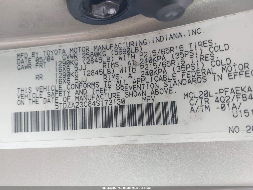 5TDZA23C84S173130 2004 TOYOTA SIENNA photo no. 9