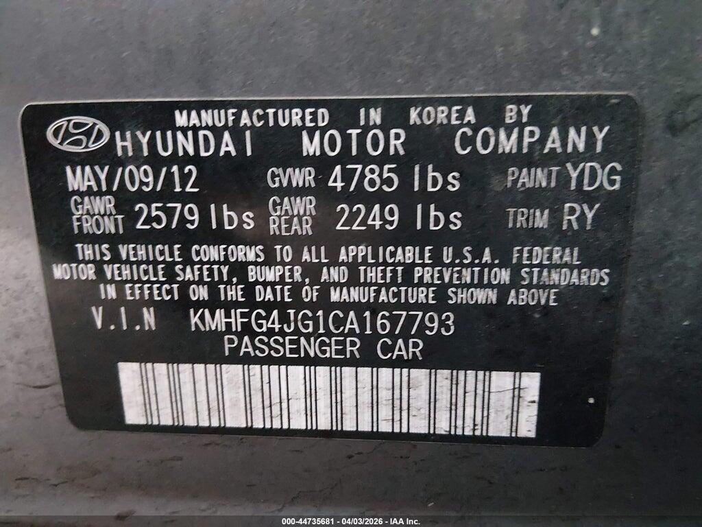 KMHFG4JG1CA167793 2012 HYUNDAI AZERA photo no. 9
