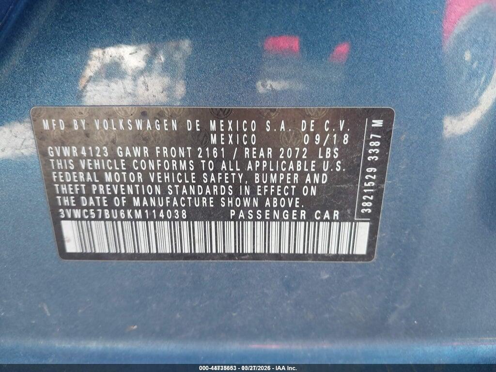 3VWC57BU6KM114038 2019 VOLKSWAGEN JETTA photo no. 9