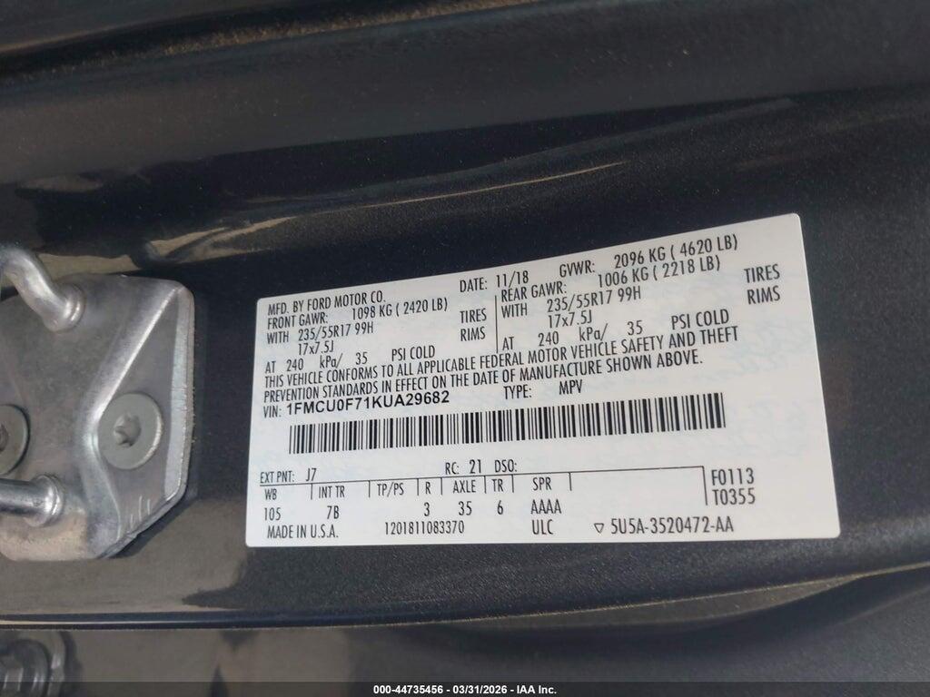 1FMCU0F71KUA29682 2019 FORD ESCAPE photo no. 9