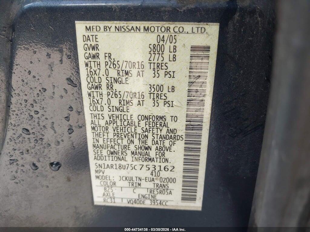 5N1AR18U75C753162 2005 NISSAN PATHFINDER photo no. 9