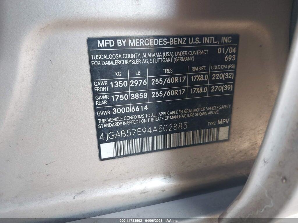 4JGAB57E94A502885 2004 MERCEDES-BENZ ML 350 photo no. 9