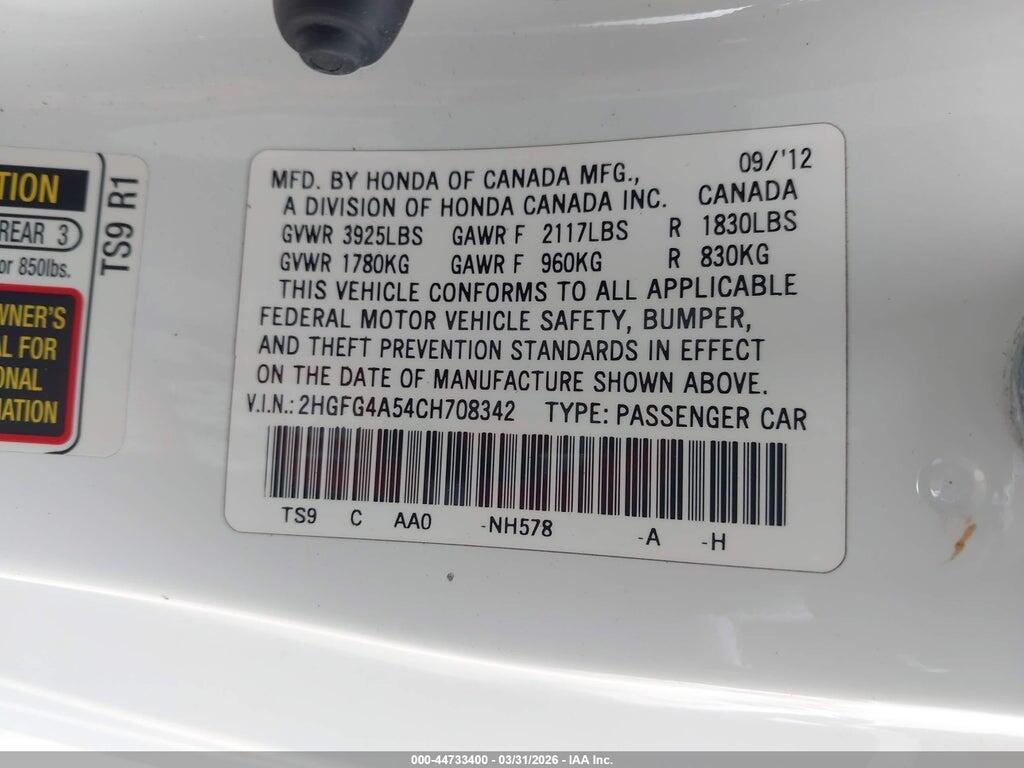 2HGFG4A54CH708342 2012 HONDA CIVIC photo no. 9