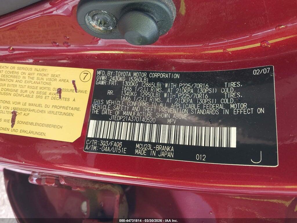 JTEDP21A370140520 2007 TOYOTA HIGHLANDER photo no. 9