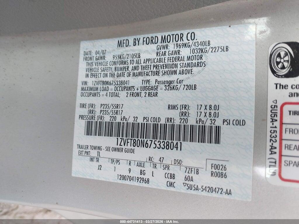1ZVFT80N675338041 2007 FORD MUSTANG photo no. 9