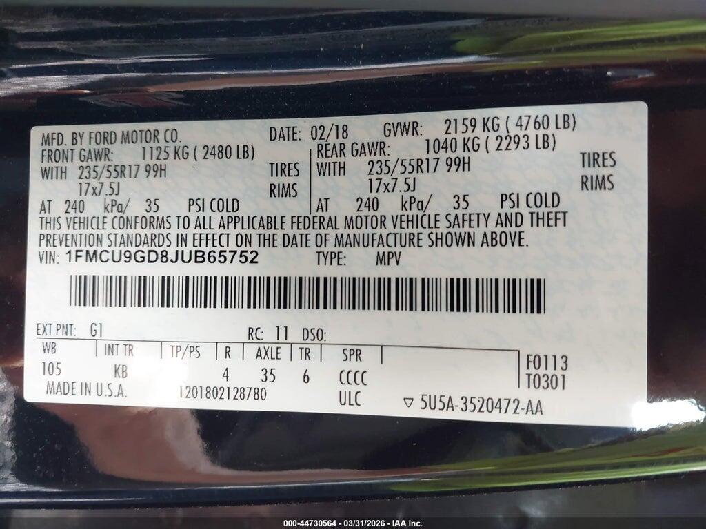 1FMCU9GD8JUB65752 2018 FORD ESCAPE photo no. 9