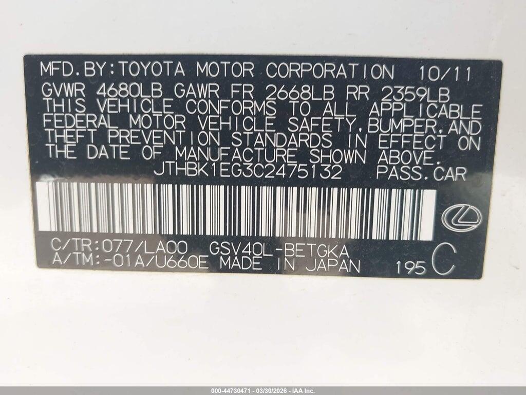 JTHBK1EG3C2475132 2012 LEXUS ES 350 photo no. 9
