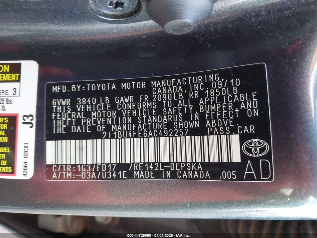 2T1BU4EE6AC492257 2010 TOYOTA COROLLA photo no. 9