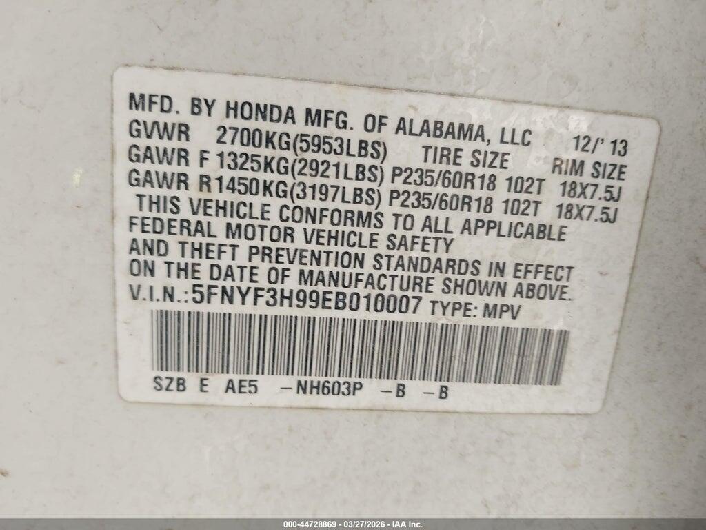 5FNYF3H99EB010007 2014 HONDA PILOT photo no. 9