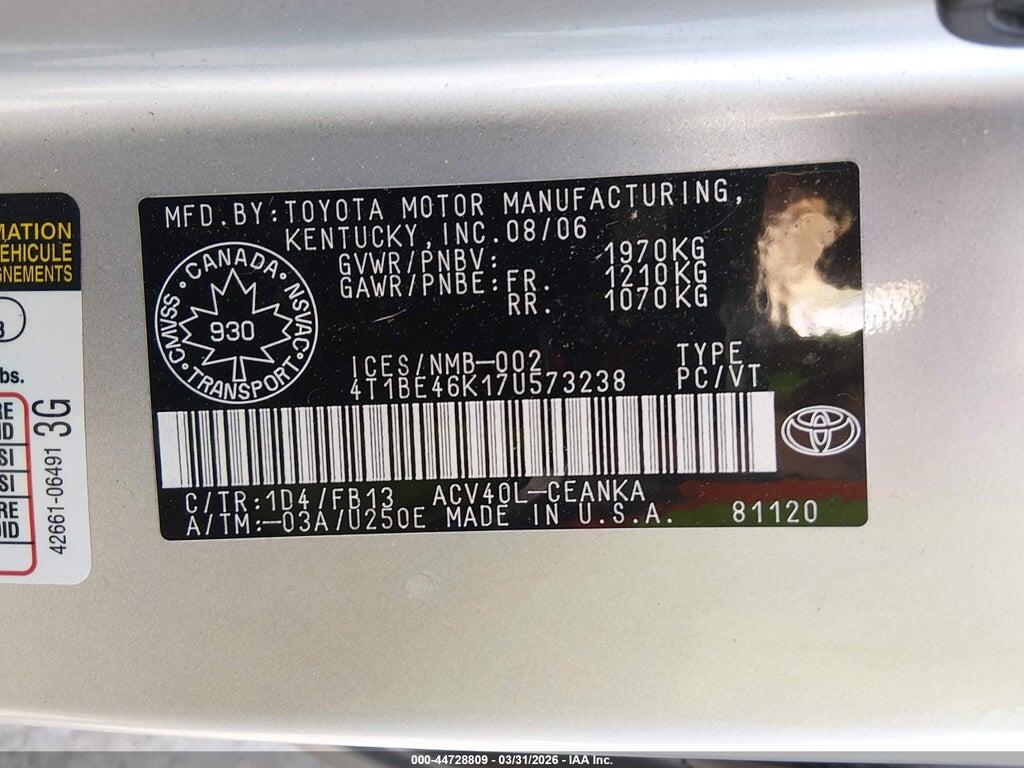 4T1BE46K17U573238 2007 TOYOTA CAMRY photo no. 9