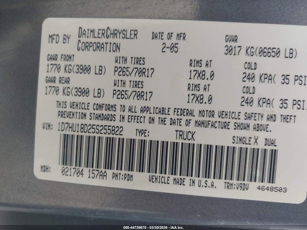 1D7HU18D25S255822 2005 DODGE RAM 1500 photo no. 9