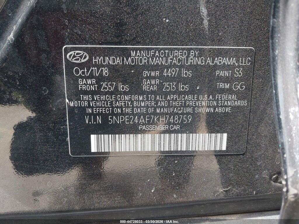 5NPE24AF7KH748759 2019 HYUNDAI SONATA photo no. 9