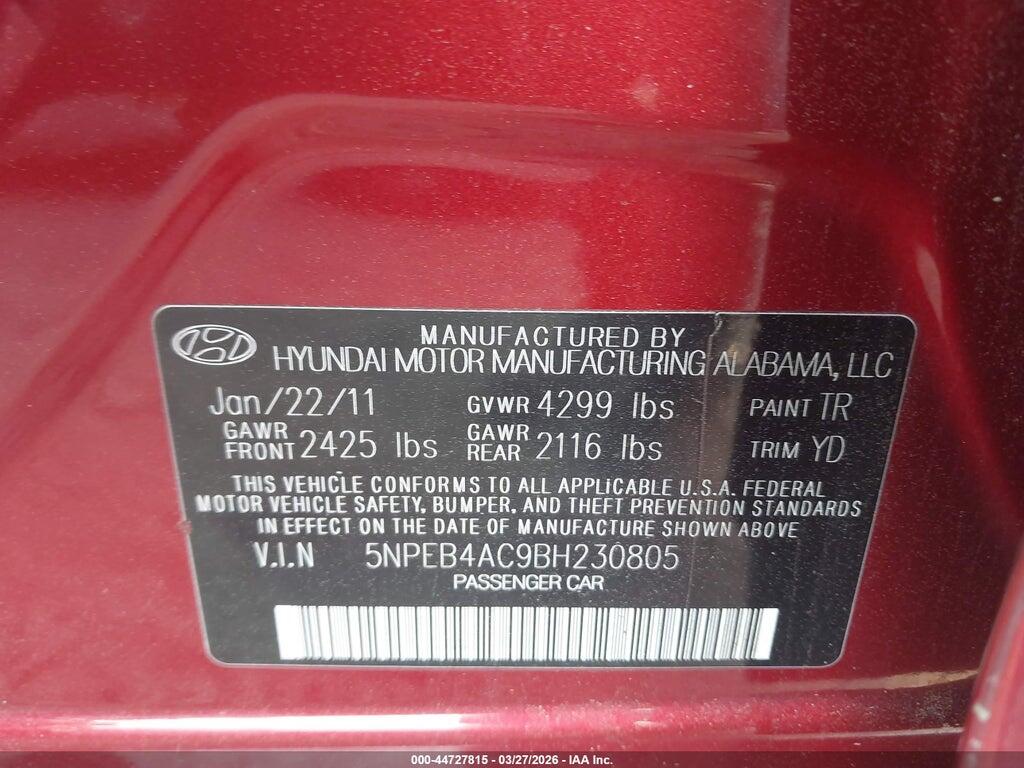 5NPEB4AC9BH230805 2011 HYUNDAI SONATA photo no. 9