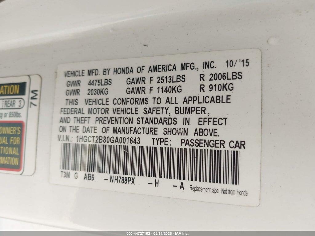 1HGCT2B80GA001643 2016 HONDA ACCORD photo no. 9