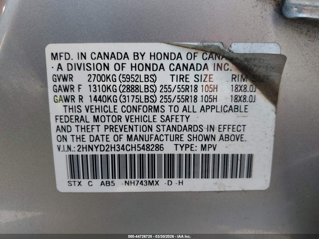 2HNYD2H34CH548286 2012 ACURA MDX photo no. 9