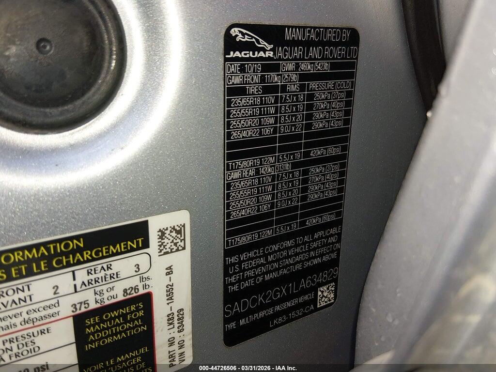 SADCK2GX1LA634829 2020 JAGUAR F-PACE photo no. 9