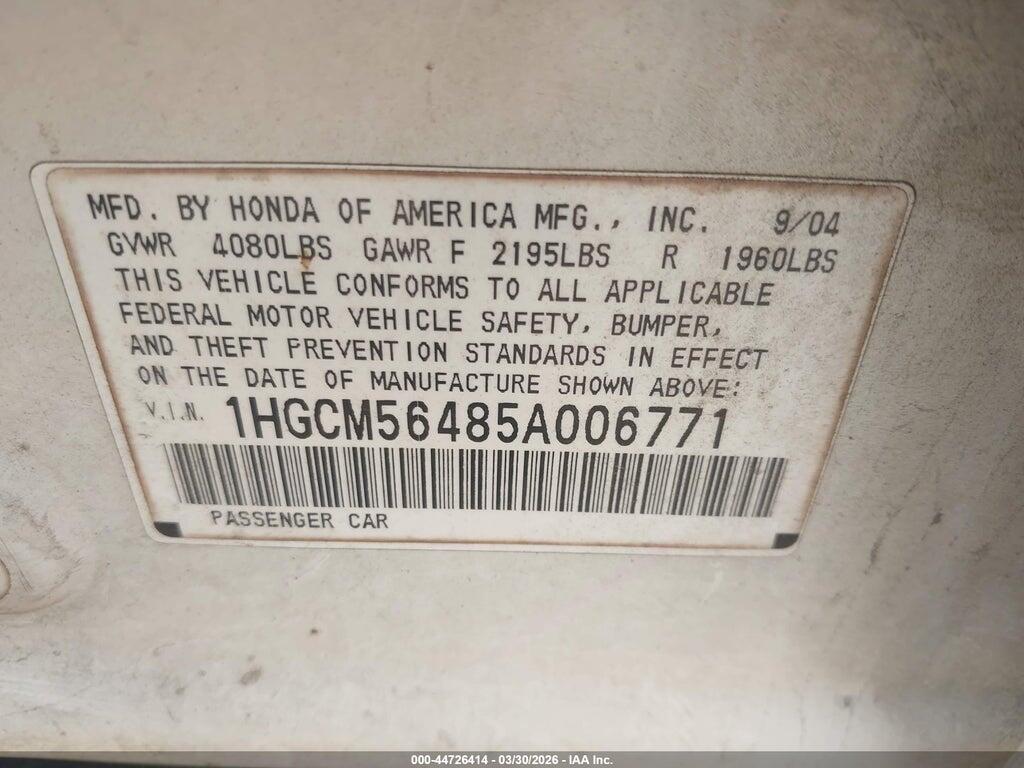 1HGCM56485A006771 2005 HONDA ACCORD photo no. 9