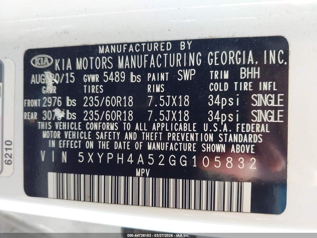 5XYPH4A52GG105832 2016 KIA SORENTO photo no. 9