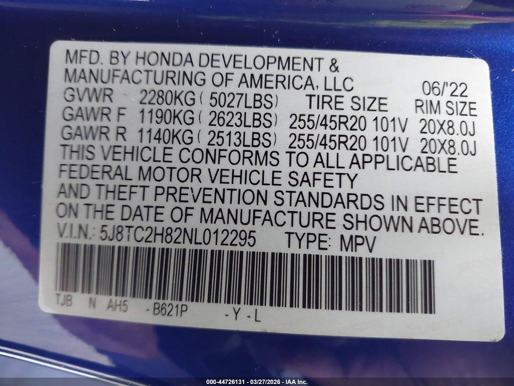 5J8TC2H82NL012295 2022 ACURA RDX photo no. 9