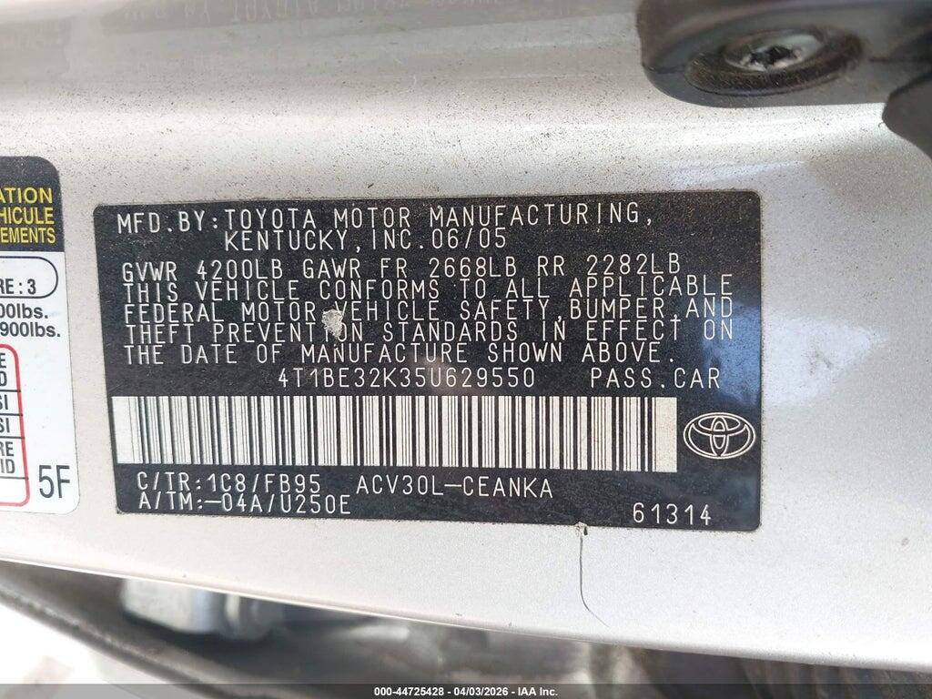 4T1BE32K35U629550 2005 TOYOTA CAMRY photo no. 9