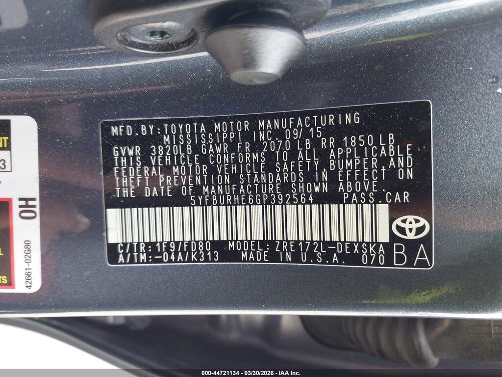 5YFBURHE6GP392564 2016 TOYOTA COROLLA photo no. 9
