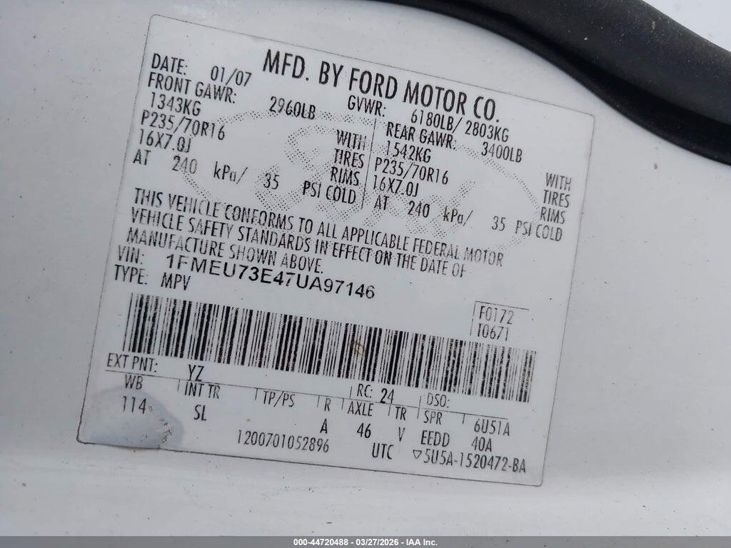 1FMEU73E47UA97146 2007 FORD EXPLORER photo no. 9