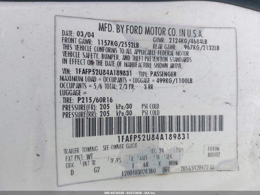 1FAFP52U84A189831 2004 FORD TAURUS photo no. 9