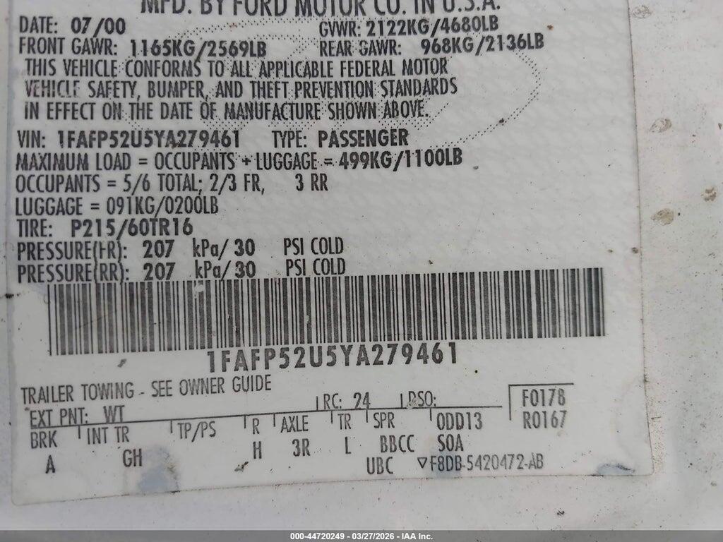 1FAFP52U5YA279461 2000 FORD TAURUS photo no. 9