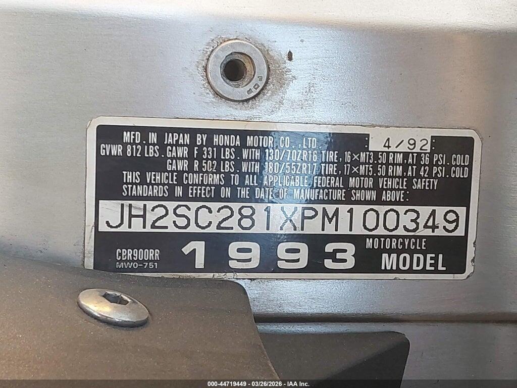 JH2SC281XPM100349 1993 HONDA CBR900 photo no. 10