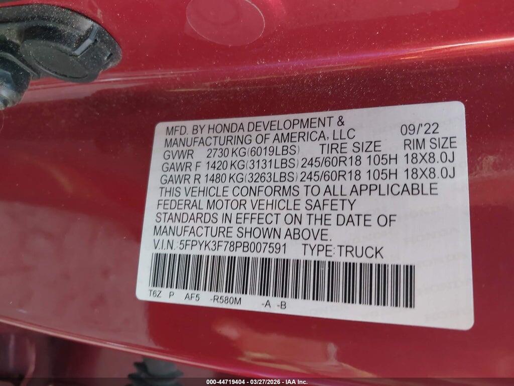 5FPYK3F78PB007591 2023 HONDA RIDGELINE photo no. 9