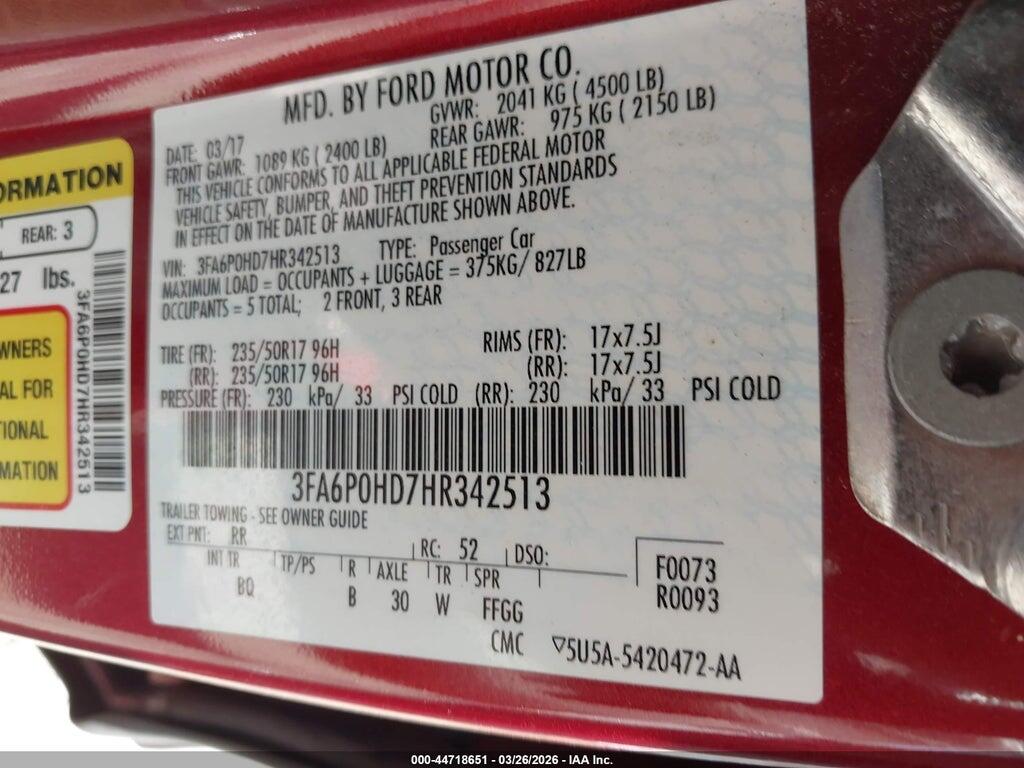 3FA6P0HD7HR342513 2017 FORD FUSION photo no. 9