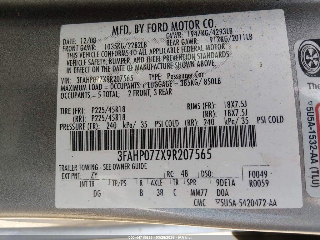 3FAHP07ZX9R207565 2009 FORD FUSION photo no. 9