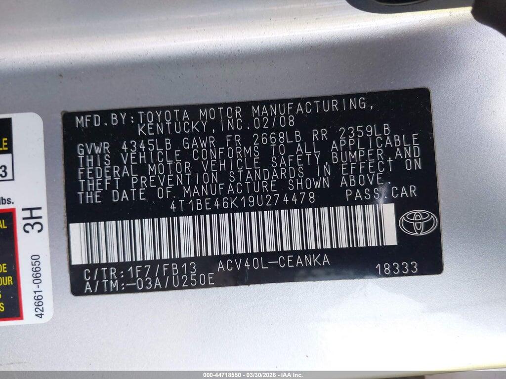 4T1BE46K19U274478 2009 TOYOTA CAMRY photo no. 9