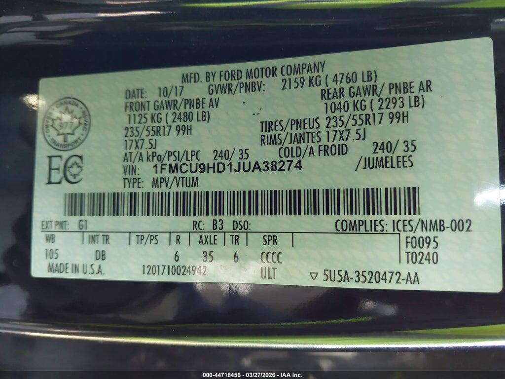 1FMCU9HD1JUA38274 2018 FORD ESCAPE photo no. 9