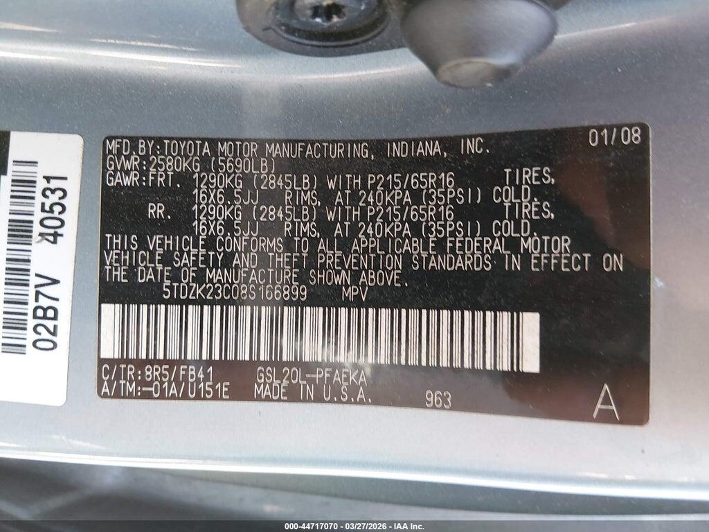 5TDZK23C08S166899 2008 TOYOTA SIENNA photo no. 9