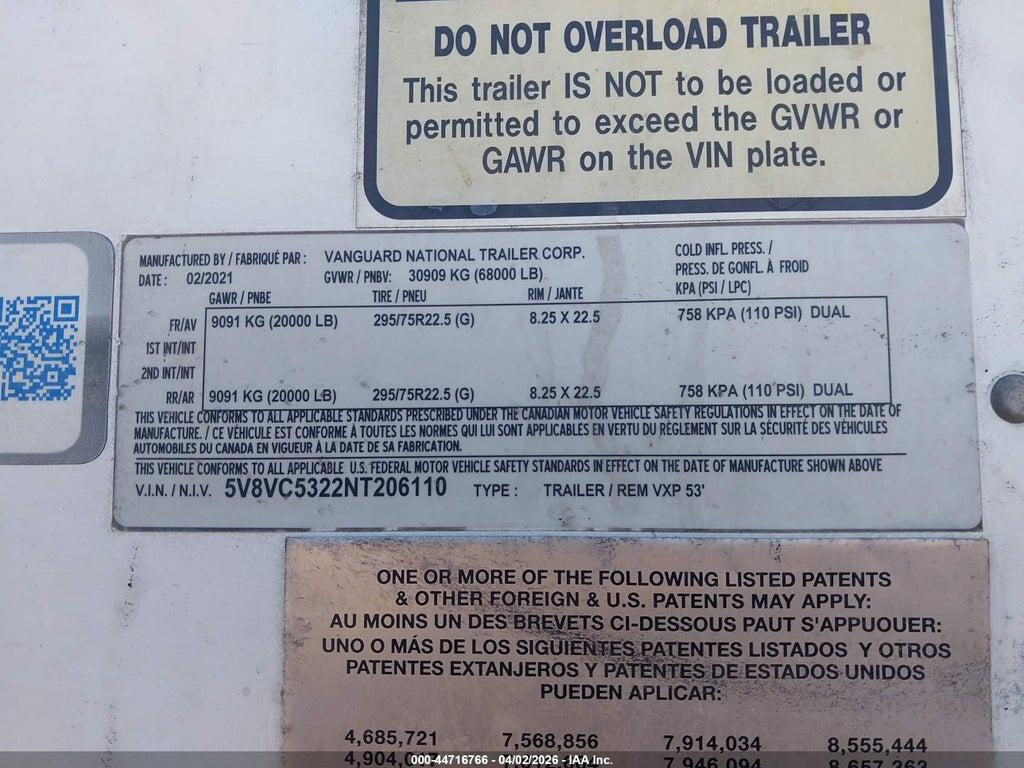 5V8VC5322NT206110 2022 VANGUARD NATIONAL SEMI TRAILER photo no. 9