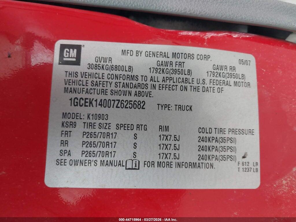 1GCEK14007Z625682 2007 CHEVROLET SILVERADO photo no. 9