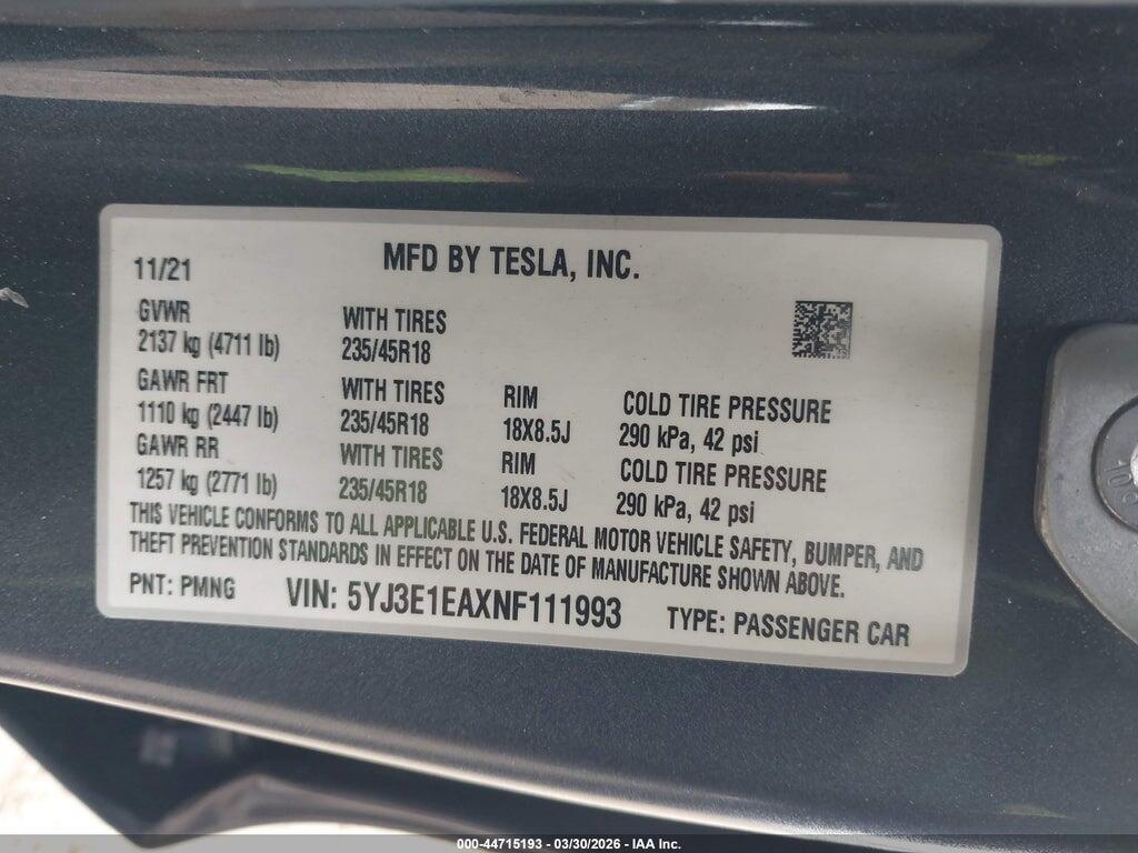 5YJ3E1EAXNF111993 2022 TESLA MODEL 3 photo no. 9