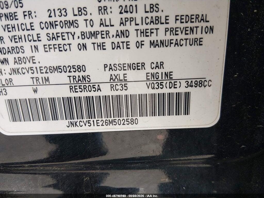 JNKCV51E26M502580 2006 INFINITI G35 photo no. 9