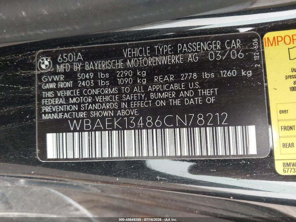 WBAEK13486CN78212 2006 BMW 650I photo no. 9