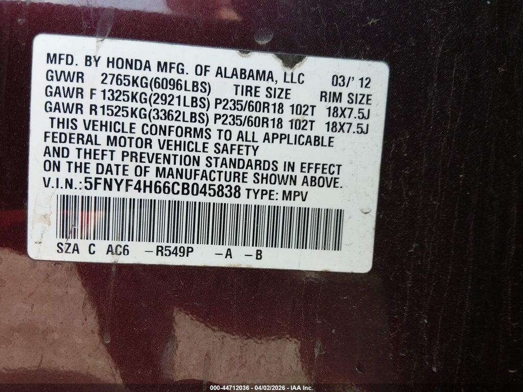 5FNYF4H66CB045838 2012 HONDA PILOT photo no. 9