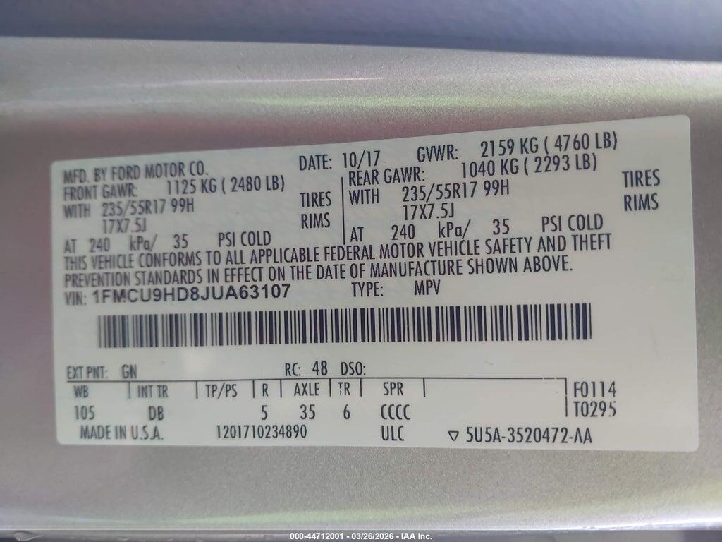 1FMCU9HD8JUA63107 2018 FORD ESCAPE photo no. 9