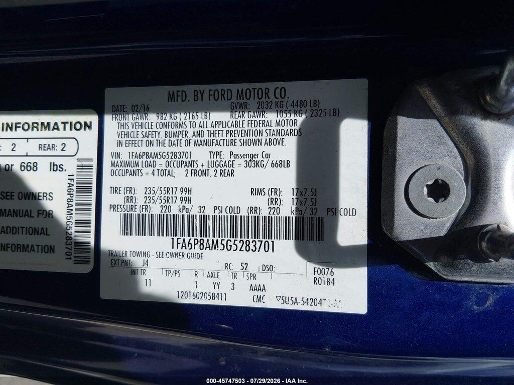 1FA6P8AM5G5283701 2016 FORD MUSTANG photo no. 9