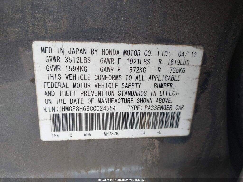 JHMGE8H66CC024554 2012 HONDA FIT photo no. 9