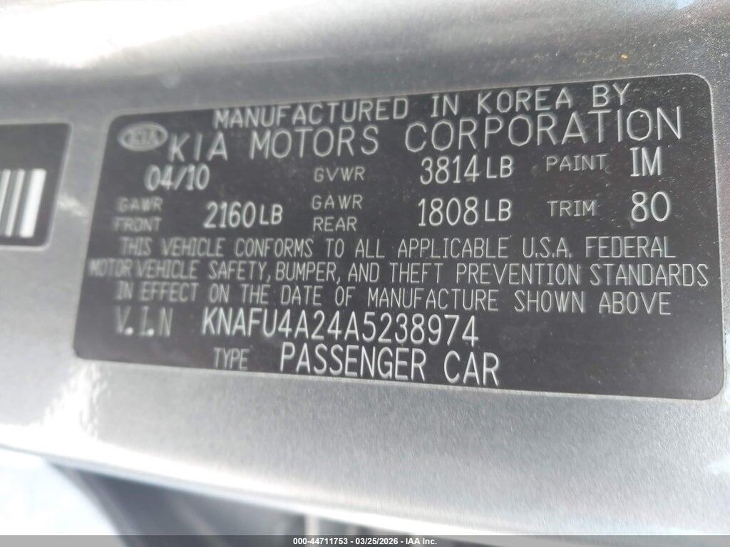 KNAFU4A24A5238974 2010 KIA FORTE photo no. 9