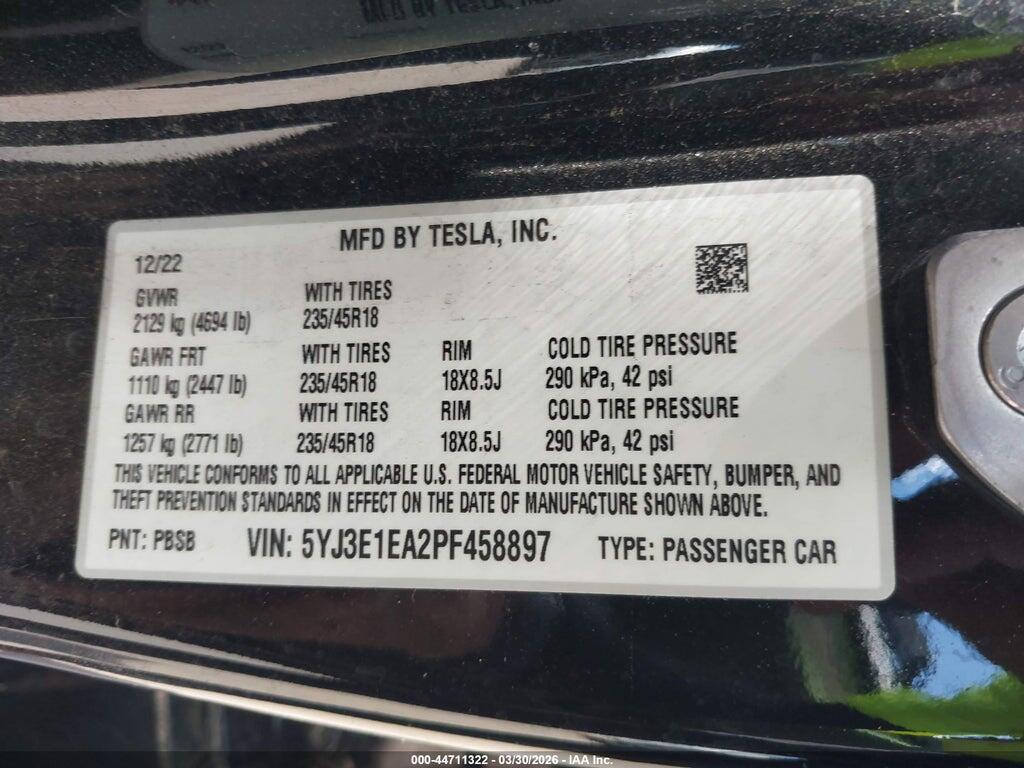 5YJ3E1EA2PF458897 2023 TESLA MODEL 3 photo no. 9
