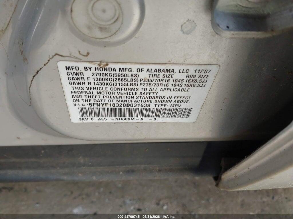 5FNYF18328B031639 2008 HONDA PILOT photo no. 9